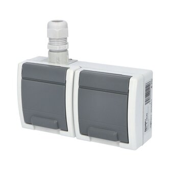 ATLAS IP65 Zásuvka 2x 2P+PE, 2-násobná vodorovná s vývodkou M20, na povrch, šedá