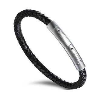 Černý propletený náramek s matnou ocelovou sponou Leather Troli