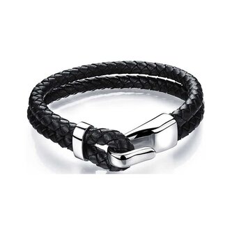 Černý kožený náramek s ocelovým hákem Leather Troli