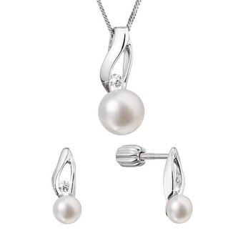 Souprava stříbrných šperků s pravými perlami a zirkony 29070.1B (náušnice, řetízek, přívěsek) Evolution Group