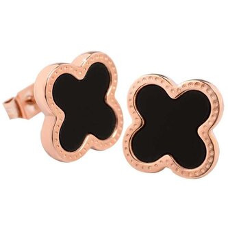 Růžově pozlacené ocelové náušnice kytičky s černým středem KE-006 Troli