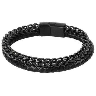Pánský černý náramek v kombinaci oceli a kůže Troli