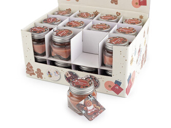 Malá vánoční vonná svíčka ve skle s jmenovkou 28 g - 24 ks - 33 (Gingerbread cookis) hnědá přírodní