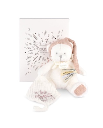 Doudou Dárková sada Plyšový medvídek s úchytem na dudlík a dečkou růžový 20 cm