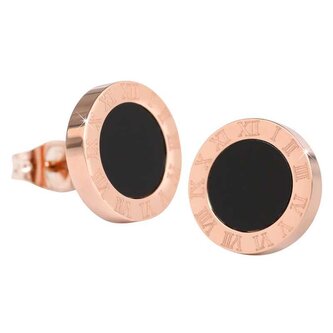 Růžově pozlacené ocelové náušnice s černým středem KE-015 Troli