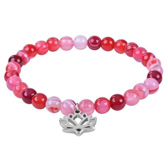 Korálkový náramek z růžového achátu s lotosovým květem Troli / Délka: 17 cm