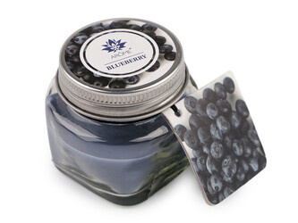 Malá vonná svíčka ve skle s jmenovkou 28 g Fruit, Floral - 1 ks - 18 (Blueberry) modrá jeans