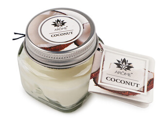 Malá vonná svíčka ve skle s jmenovkou 28 g Fruit, Floral - 1 ks - 13 (Coconut) krémová nejsvět.