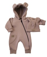Oteplený dětský overal bez šlapek s kapucí + čepička, 2D, kakao, vel. 62; 62 (2-3m); béžová, hnědá