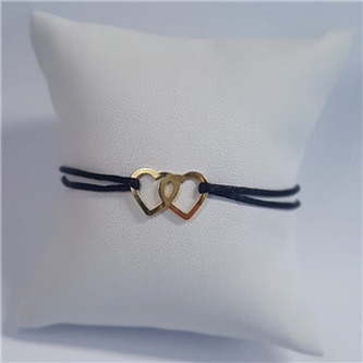 KA1350K-GD Černý textilní náramek dvě srdce, Ag 925