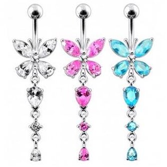 BP01142-P Stříbrný piercing do pupíku - motýlek - růžová