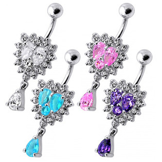 BP01126-CP Stříbrný piercing do pupíku - srdce - čirá/růžová