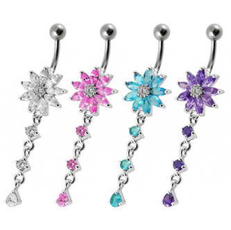 BP01119-C Stříbrný piercing do pupíku - kytička - květiny - čirá