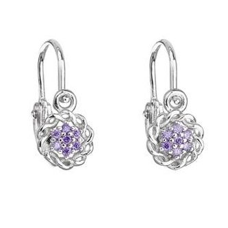 EG2310-A Stříbrné dětské náušnice kytičky, fialové zirkony - květiny
