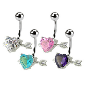 BP01020-C Stříbrný piercing do pupíku - srdíčko probodnuté - srdce - čirá