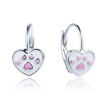 DN-0096 Stříbrné dívčí náušnice srdíčka s tlapičkou - srdce