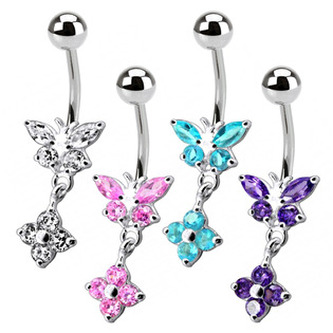 BP01287-Q Stříbrný piercing do pupíku - motýlek s kytičkou - květiny - tyrkysová