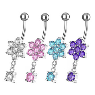 BP01034-Q Stříbrný visací piercing do pupíku - květiny - tyrkysová