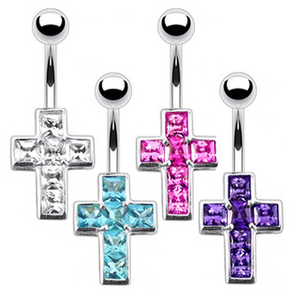 BP01015-C Stříbrný piercing do pupíku - křížek - čirá