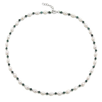 AU1001 Minerální náhrdelník přírodní Malachit a perly, stříbro AG925