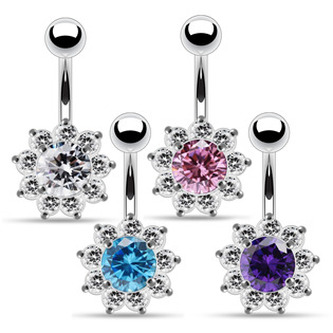 BP01169-Q Stříbrný piercing do pupíku - kytička - květiny - tyrkysová