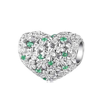 B0359 Stříbrný přívěsek korálek na náramek srdce - květiny