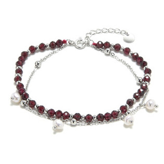 AU0004 Minerální náramek přírodní Granát a perly, stříbro AG925
