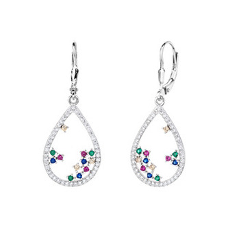 NB-3097 Visací stříbrné náušnice s barevnými zirkony - srdce