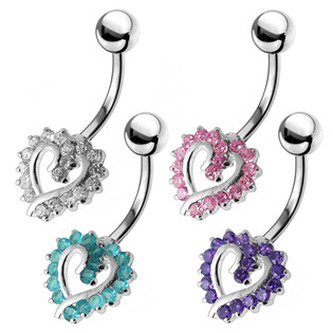 BP01026-C Stříbrný piercing do pupíku srdíčko - srdce - čirá