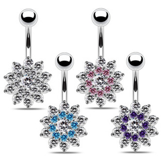 BP01099-CP Stříbrný piercing do pupíku - kytička - květiny - čirá/růžová