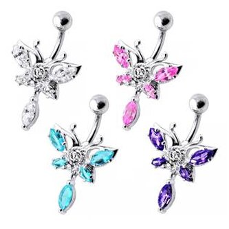 BP01242-C Stříbrný piercing do pupíku - motýl - čirá