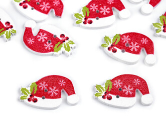 Dřevěný dekorační knoflík vánoční cesmína, hvězda, čepice - 10 ks - 3 červená Santa