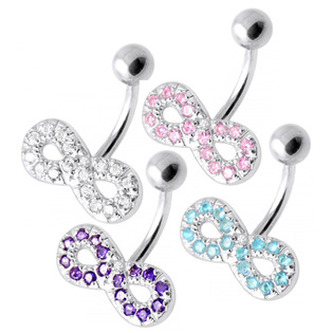 BP01021-C Stříbrný piercing do pupíku - nekonečno - nekonečno - ležatá osmička - čirá