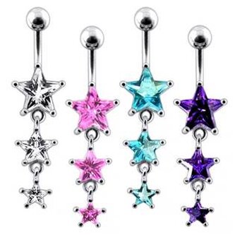 BP01265-C Stříbrný piercing do pupíku - hvězdy - čirá