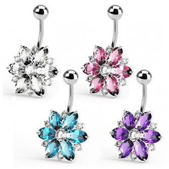 BP01150-CA Stříbrný piercing do pupíku - kytička - květiny - čirá/tmavě  fialová