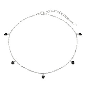 NB-6048 Stříbrný náramek na nohu s černými srdíčky - srdce
