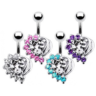 BP01155-CA Stříbrný piercing do pupíku - srdce - čirá/tmavě  fialová