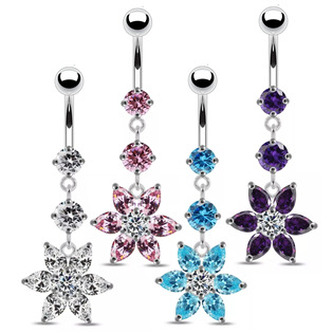 BP01144-P Stříbrný piercing do pupíku - kytička - květiny - růžová