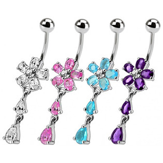 BP01011-C Stříbrný piercing do pupíku - kytička - květiny - čirá