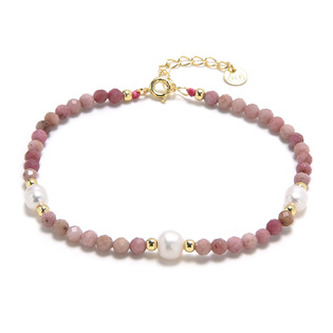 AU0005 Minerální náramek přírodní Rodonit a perly, stříbro AG925