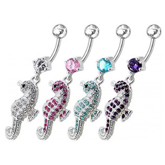 BP01096-A Stříbrný piercing do pupíku - mořský koník - fialová