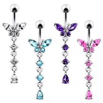 BP01302-P Stříbrný piercing do pupíku - motýlek - růžová