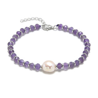 AU0008 Minerální náramek přírodní Ametysty a perla, stříbro AG925