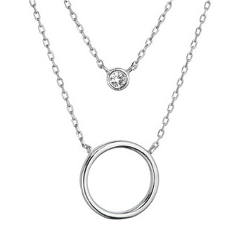 EG4419 Stříbrný náhrdelník dvajitý řetízek kroužek a zirkon