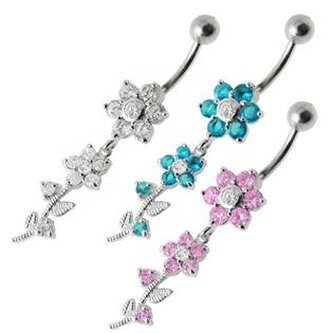 BP01136-Q Stříbrný piercing do pupíku - kytička - květiny - tyrkysová
