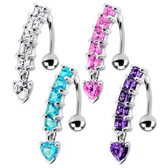 BP01190-C Stříbrný piercing do pupíku - obrácený - srdce - čirá