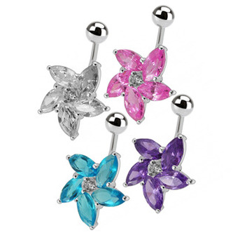 BP01159-Q Stříbrný piercing do pupíku - kytička - květiny - tyrkysová