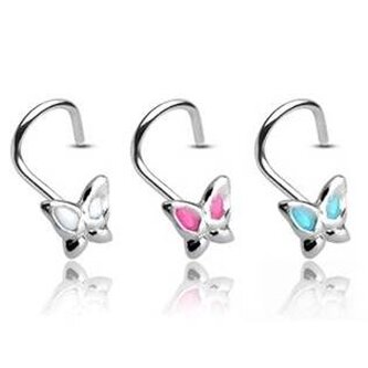 N01123-W Zahnutý piercing do nosu - motýlek - bílá