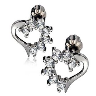 ZB83238-C Stříbrné náušnice šroubovací - srdíčka, čiré zirkony - srdce