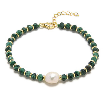 AU0043 Minerální náramek přírodní Malachit a perla, stříbro AG925